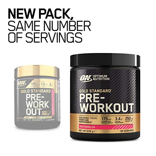 Two containers of Optimum Nutrition Gold Standard Pre-Workout supplement for energy