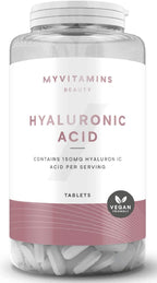 Clear plastic bottle of MyVitamins Hyaluronic Acid Tablets supporting skin hydration, vegan-friendly