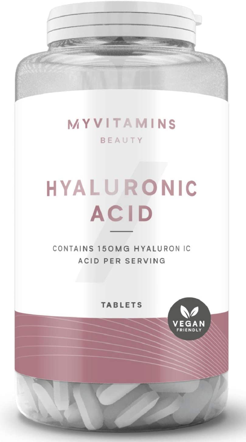 Clear plastic bottle of MyVitamins Hyaluronic Acid Tablets supporting skin hydration, vegan-friendly