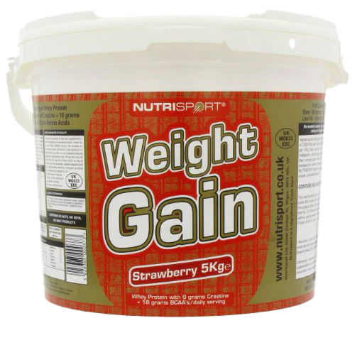 NutriSport Weight Gain tub with strawberry-flavored gain mass catalyst whey protein isolate