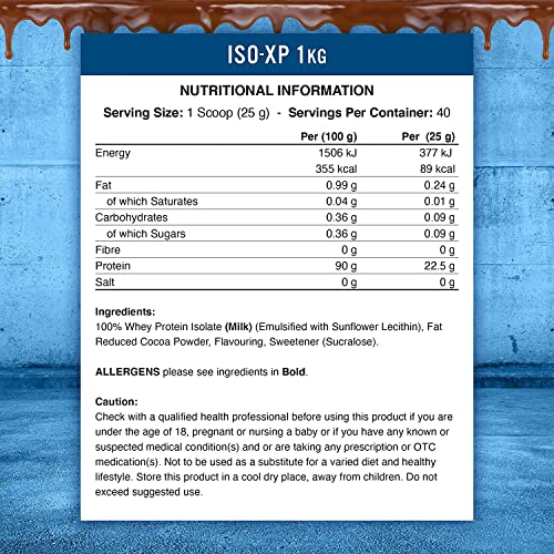 Nutritional info label for Applied Nutrition Iso-XP whey protein isolate with easy mixing