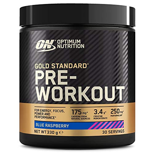 Black and gold Optimum Nutrition Gold Standard Pre-Workout container in Blue Raspberry flavor