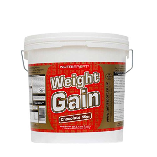 White bucket of NutriSport Weight Gain chocolate-flavored whey protein isolate for gain mass catalyst