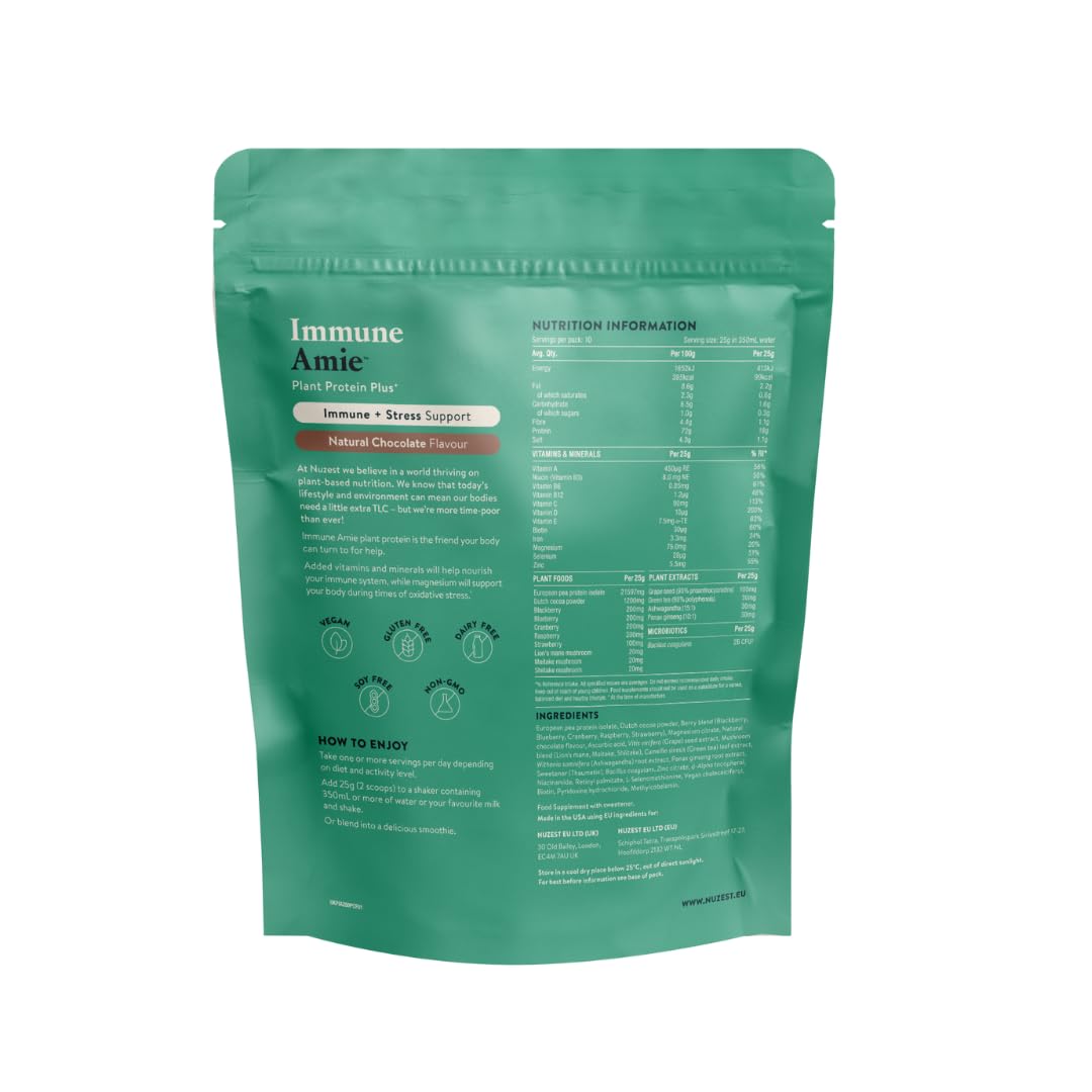 Nuzest Plant Protein Plus+ Immune Amie with natural chocolate flavor and essential vitamins