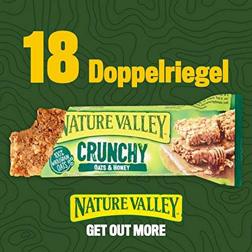 Nature Valley Crunchy cereal bar with oats honey and a bite taken out of it