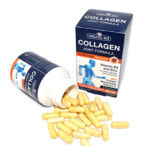 Natures Aid Collagen Joint Formula bottle with scattered hydrolyzed collagen capsules
