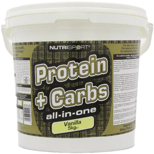 White NutriSport Protein + Carbs tub with vanilla flavor for post exercise muscle glycogen