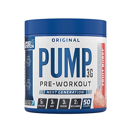 Blue and white Applied Nutrition Pump 3G pre-workout supplement in Fruit Burst flavor