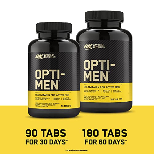 Black Optimum Nutrition Opti-Men bottles with active ingredients for mental performance