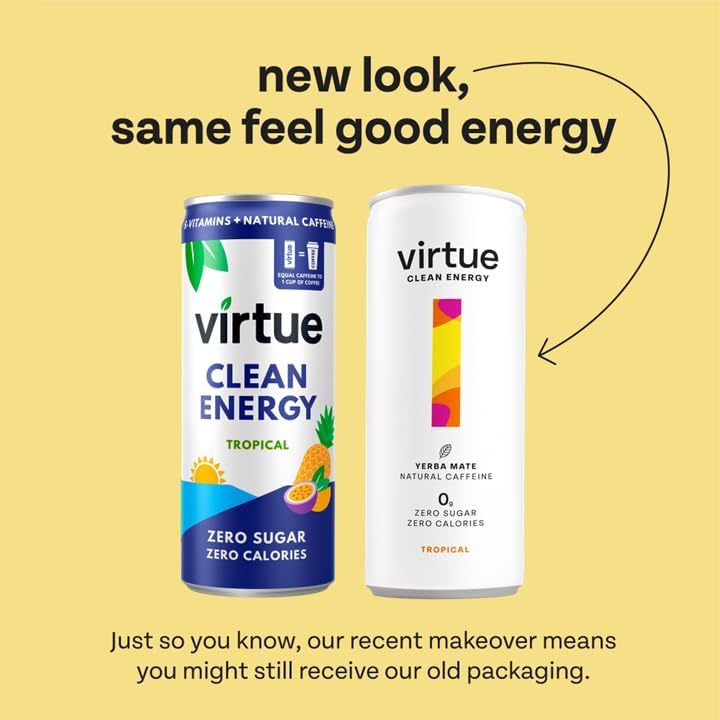 Two cans of Virtue Clean Energy Yerba Mate with fresh packaging, a natural caffeine drink