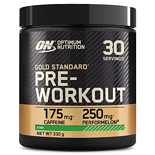 Black and gold Optimum Nutrition Gold Standard Pre-Workout Kiwi flavor container