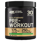 Black and gold Optimum Nutrition Gold Standard Pre-Workout tub with kiwi flavor