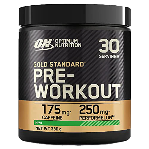 Black and gold Optimum Nutrition Gold Standard Pre-Workout tub with kiwi flavor
