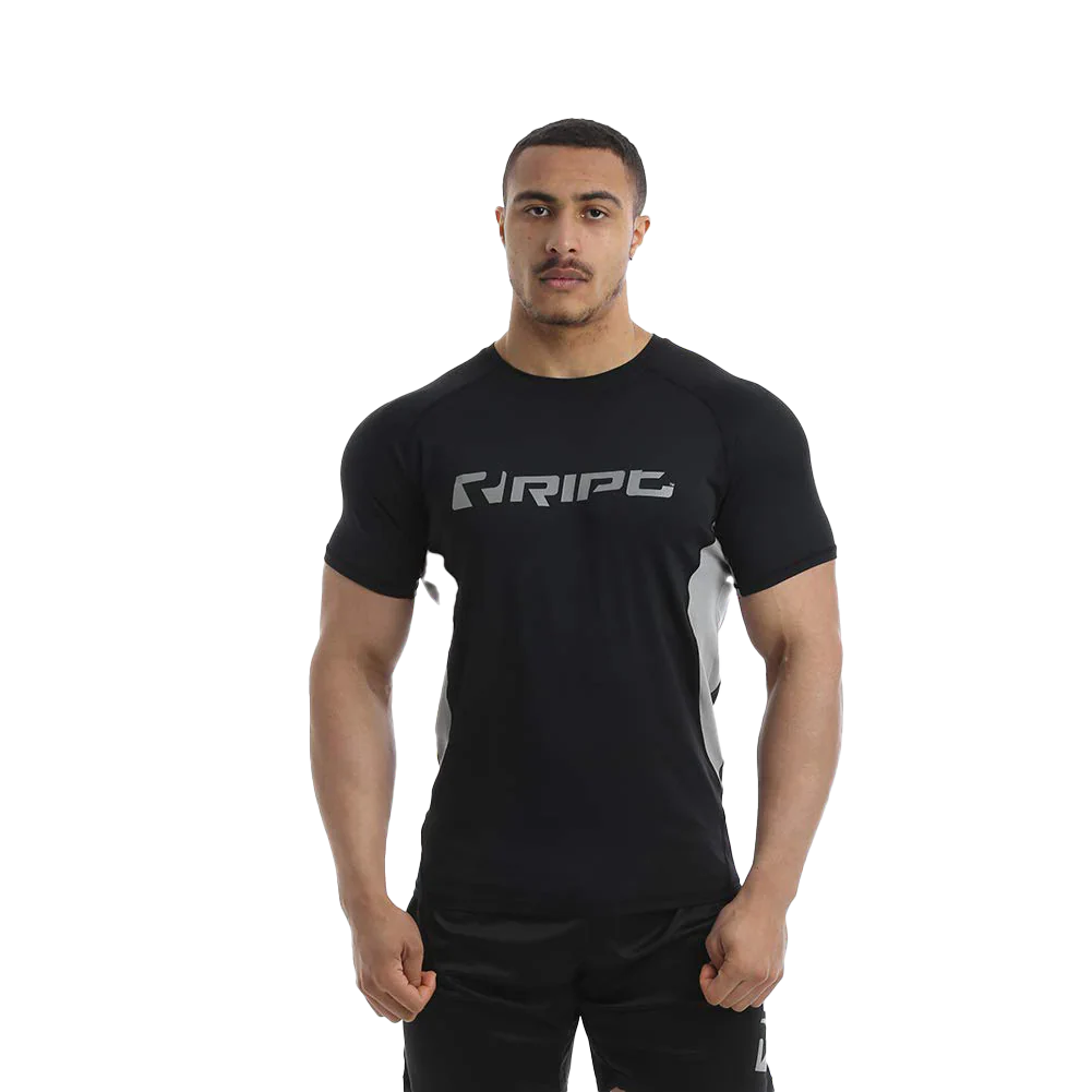 Men’s black RIPT Contrast Performance T-Shirt with gray side panels and reflective branding