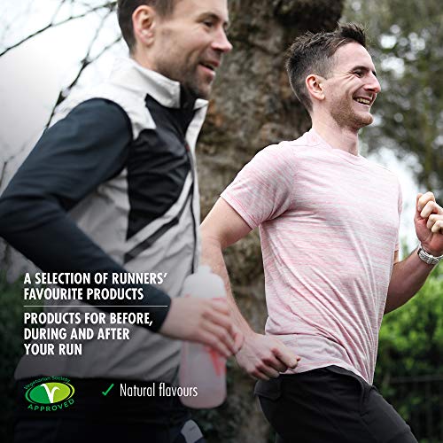 Two men running with water bottle, promoting HIGH5 Run Pack and energy gel aqua