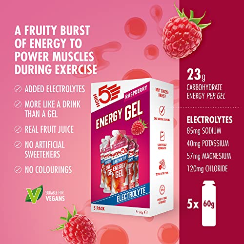 Raspberry-flavored HIGH5 Energy Gel Electrolyte with multi-carbohydrate energy for quick boost