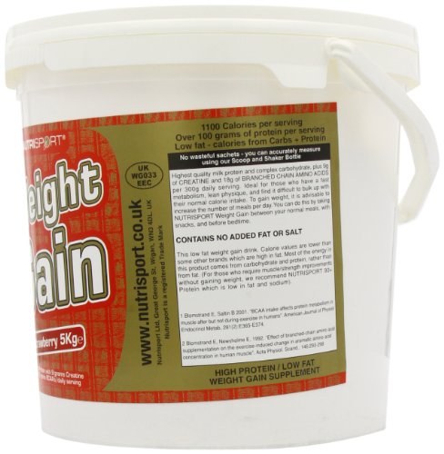 White NutriSport Weight Gain tub with red and green label, packed with gain mass catalyst and whey protein isolate