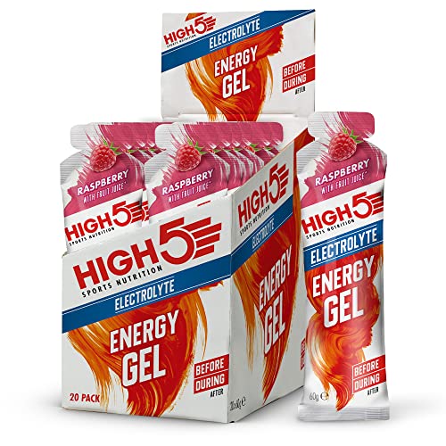 Raspberry-flavored HIGH5 Energy Gel Electrolyte 20-pack for multi-carbohydrate energy