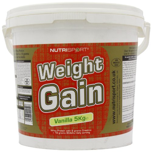 White bucket of NutriSport Weight Gain vanilla flavor with whey protein isolate and gain mass catalyst