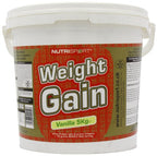 White bucket of NutriSport Weight Gain vanilla flavor with whey protein isolate and gain mass catalyst