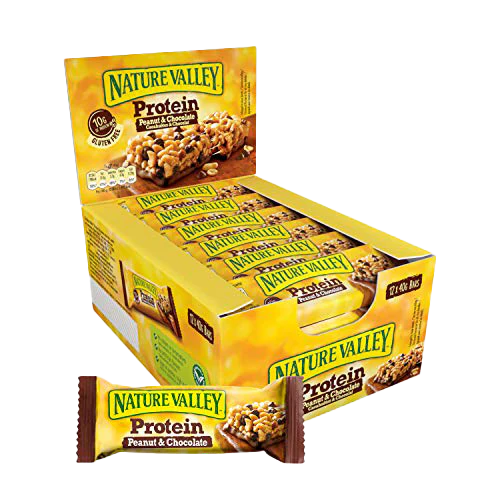 Nature Valley Protein bars display with one bar in front, made with carefully selected ingredients