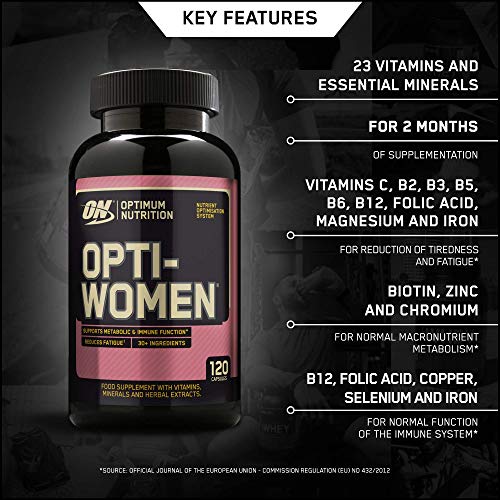 Black bottle of Optimum Nutrition Opti-Women dietary supplement with 120 capsules