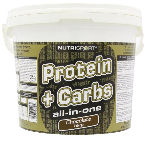 Large white NutriSport Protein + Carbs 5kg bucket for post exercise muscle recovery