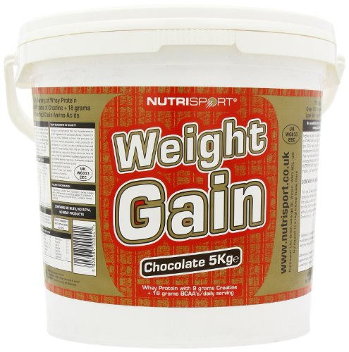 Large tub of NutriSport Weight Gain chocolate whey protein isolate for gaining mass