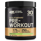 Black tub of Optimum Nutrition Gold Standard Pre-Workout with green apple flavor