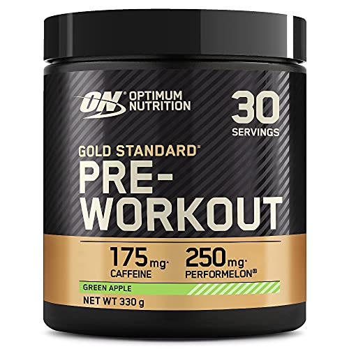 Black tub of Optimum Nutrition Gold Standard Pre-Workout with green apple flavor
