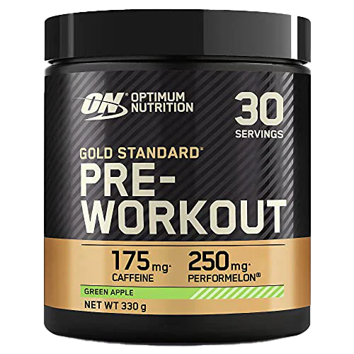 Black and gold Optimum Nutrition Gold Standard Pre-Workout powder with Green Apple flavor