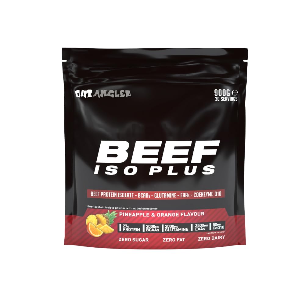 Outangled Beef Iso Plus protein powder pouch in pineapple orange flavor with beef protein isolate