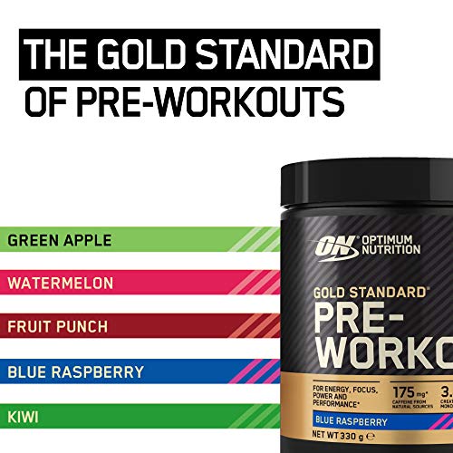 Blue raspberry flavored Optimum Nutrition Gold Standard Pre-Workout powder in black container
