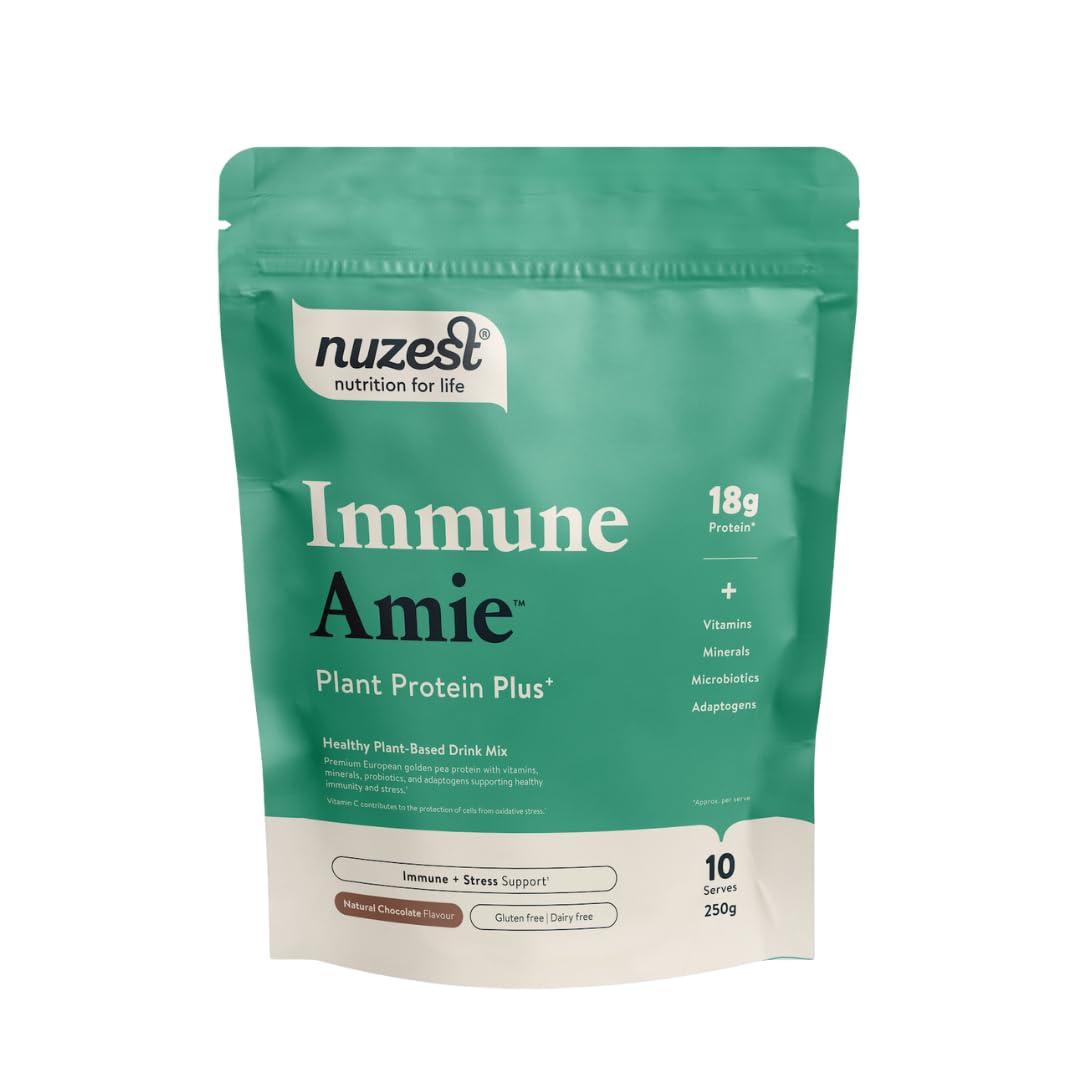 Green and white Nuzest Plant Protein Plus+ Immune Amie pouch with essential vitamins