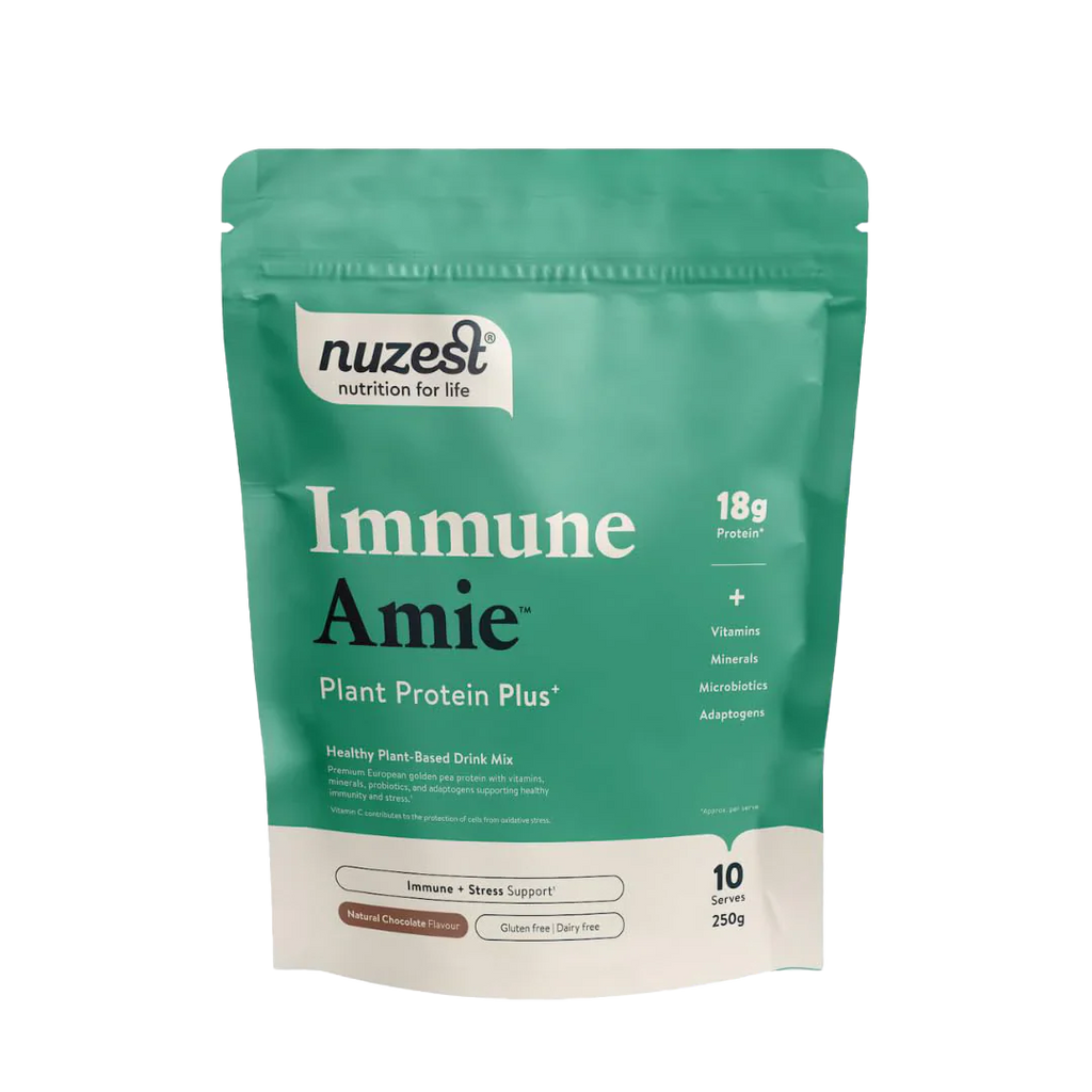 Nuzest Plant Protein Plus+ Immune Amie with 18g protein, chocolate flavor, immune boost