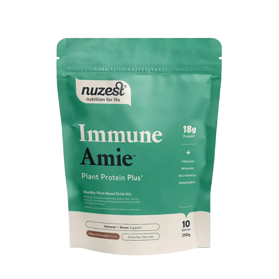 Nuzest Plant Protein Plus+ Immune Amie with 18g protein, chocolate flavor, immune boost