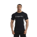 Man wearing a black t-shirt with a logo on a white background