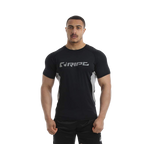 Man wearing a black t-shirt with a logo on a white background