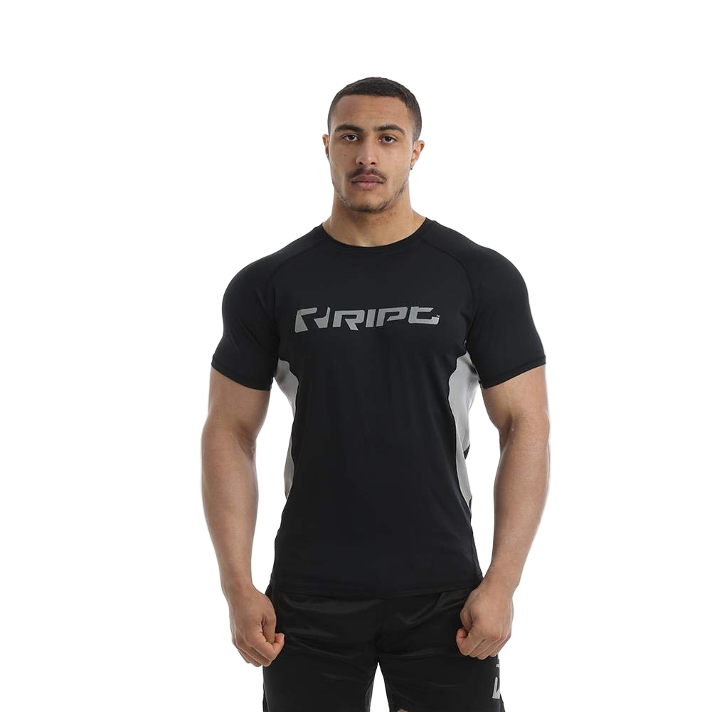 Man wearing a black t-shirt with a logo on a white background