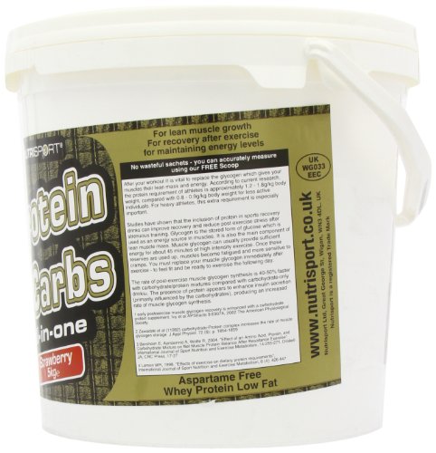 White plastic tub of NutriSport Protein + Carbs for post exercise muscle recovery