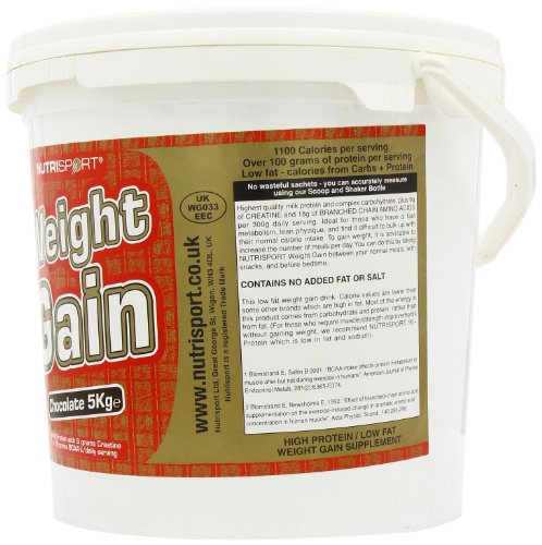 White NutriSport Weight Gain tub with chocolate flavor, gain mass catalyst with whey protein isolate