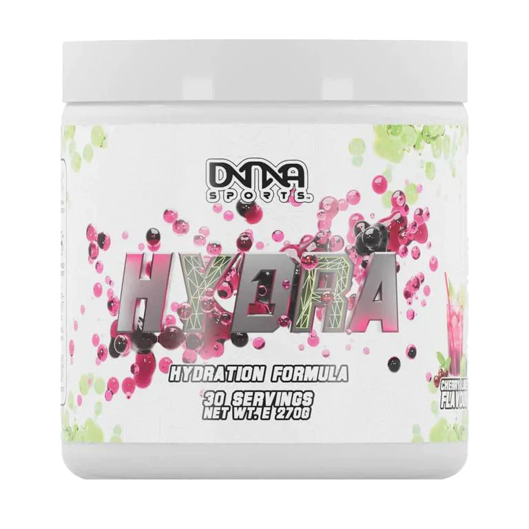 White plastic tub of Cherry Flavored DNA Sports Hydra hydration supplement for sports hydration