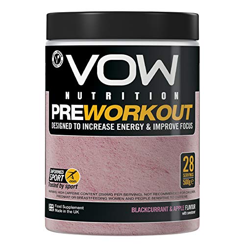 VOW Pre Workout boosts energy with blackcurrant and apple flavor and key ingredients