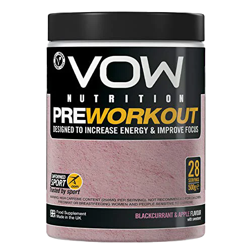 VOW Nutrition Pre Workout with Blackcurrant & Apple flavor boosts energy with key ingredients