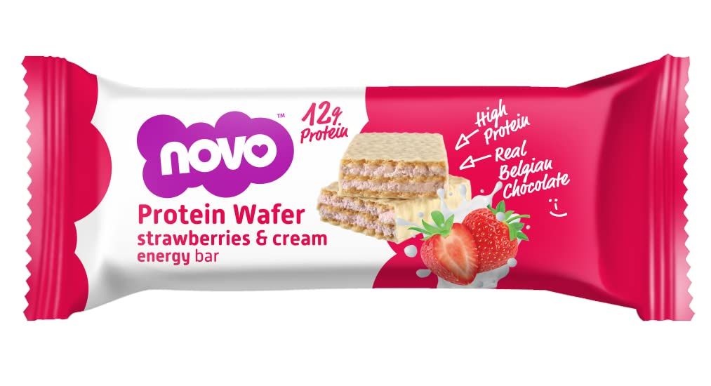 Pink and white Novo Protein Wafer Bar with strawberry and cream flavor
