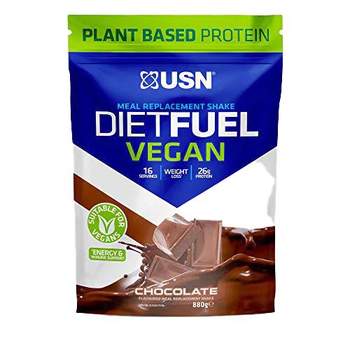 USN Diet Fuel Vegan pouch with vegan chocolate-flavored meal replacement shake