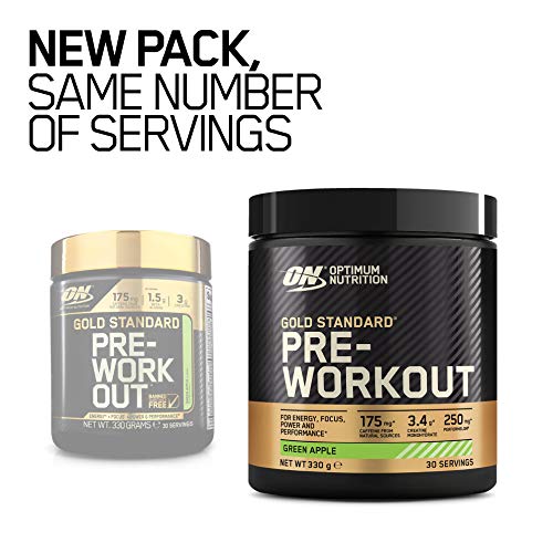 Two containers of Optimum Nutrition Gold Standard Pre-Workout, one with a new design