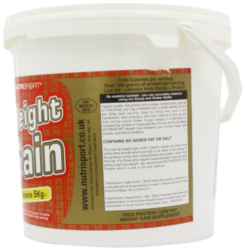 White tub of NutriSport Weight Gain supplement with whey protein isolate for gain mass catalyst