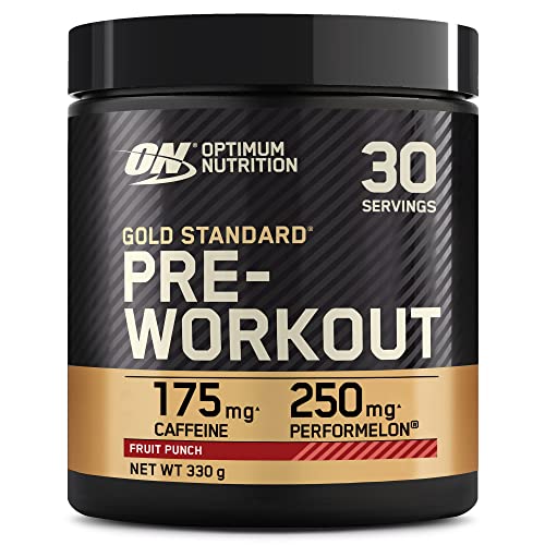 Black and gold Optimum Nutrition Gold Standard Pre-Workout tub for energy boost