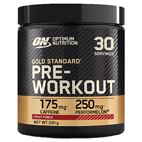 Optimum Nutrition Gold Standard Pre-Workout tub with Fruit Punch flavor, black and gold design